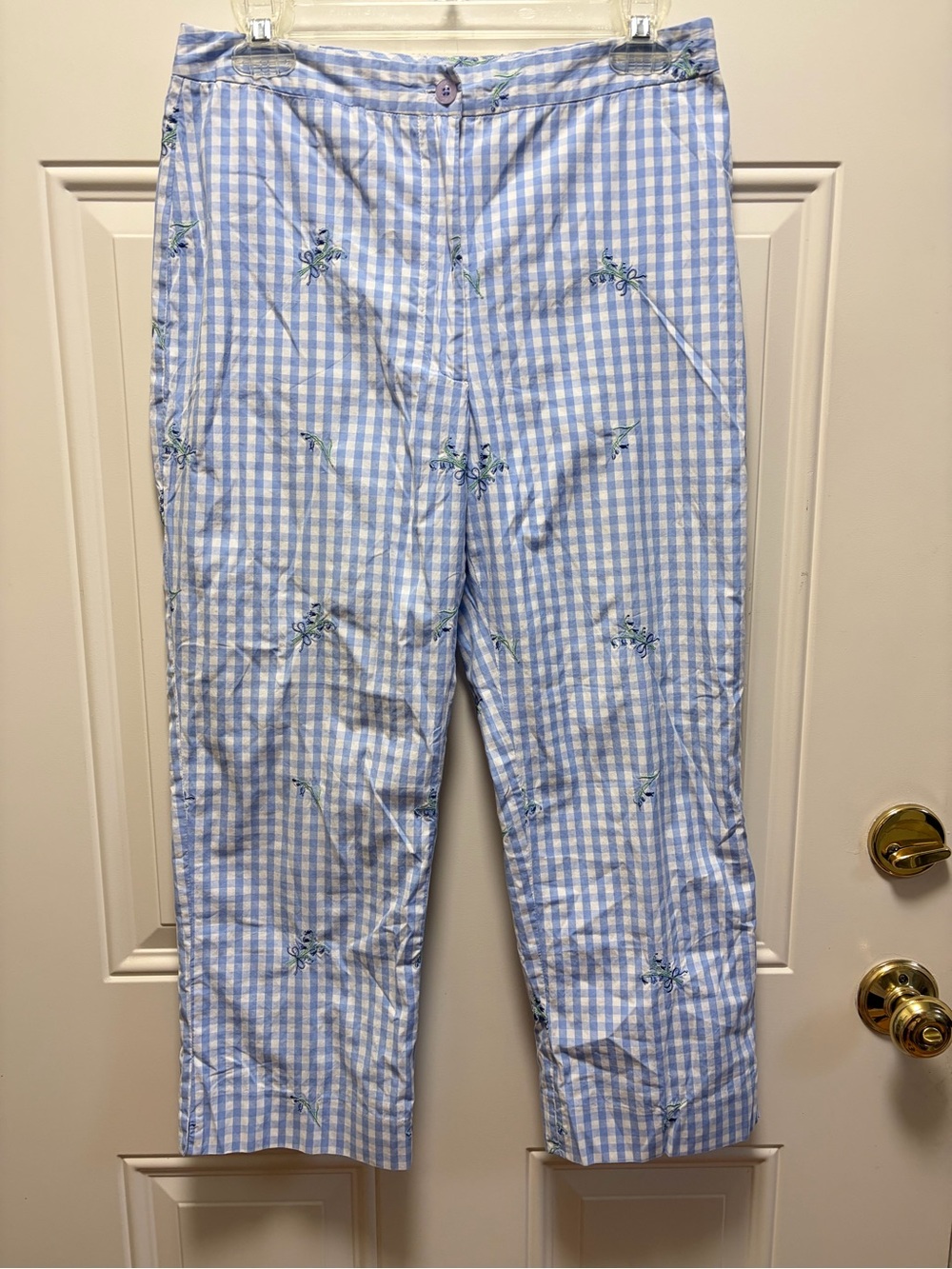 Lilly Pulitzer Blue white gingham floral embroidered crop straight leg pants 6